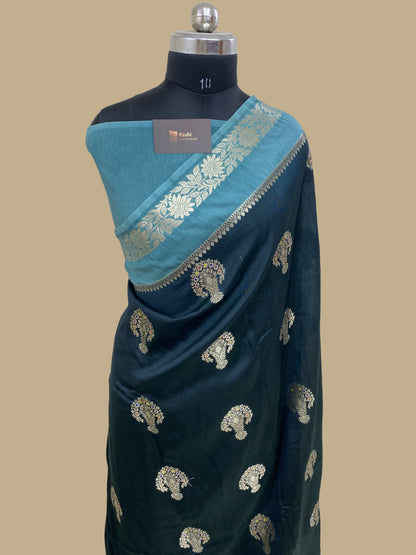 Dark green semi Raw mango silk banarasi saree