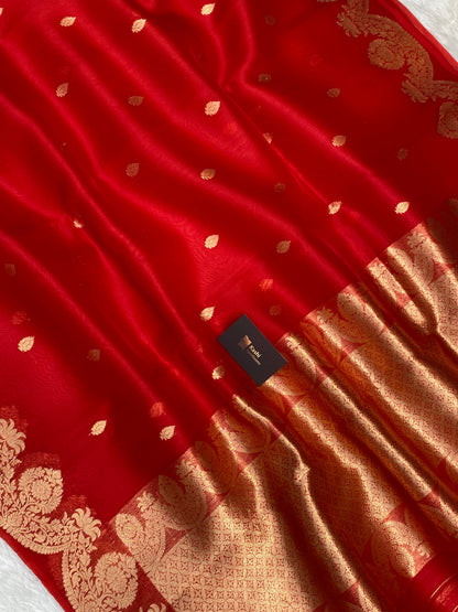 100% Pure Organza Red Color Handloom kaduwa Banarasi Saree