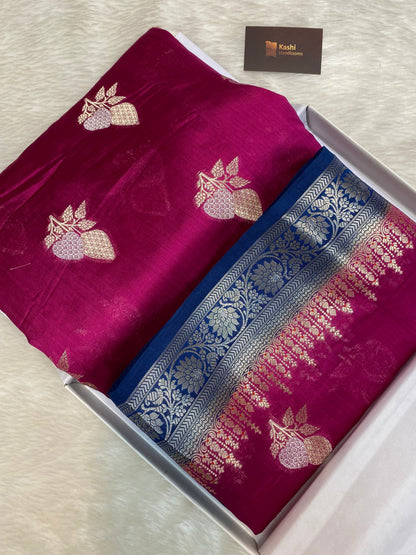 100% pure Rani chinya silk banarasi saree