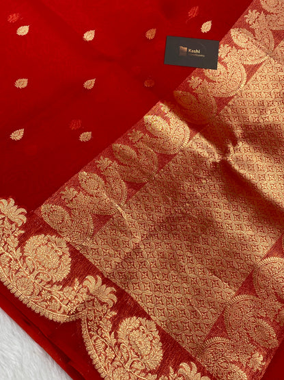 100% Pure Organza Red Color Handloom kaduwa Banarasi Saree