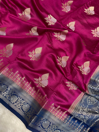 100% pure Rani chinya silk banarasi saree