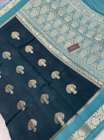 Dark green semi Raw mango silk banarasi saree