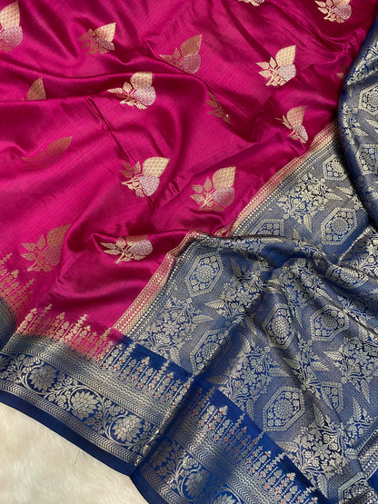 100% pure Rani chinya silk banarasi saree